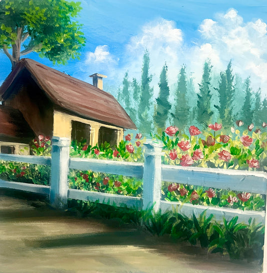 Painting of a small house with a garden and white picket fence.