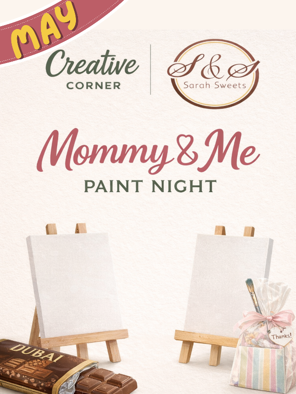 Promotional flyer for a 'Mommy & Me Paint Night' event with easels, canvases, and a gift bag.