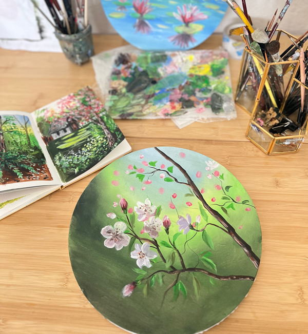 Blossoming Tranquility | Original acrylic painting on a round canvas