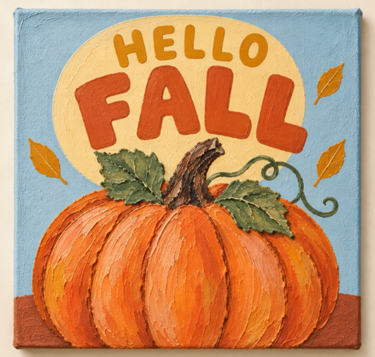 A square canvas painting with a textured impasto finish, featuring a large orange pumpkin with green leaves and a curly vine against a light blue background. A cream-colored circle in the upper half contains the words 'HELLO FALL' in orange and mustard lettering, with a few small autumn leaves scattered around.