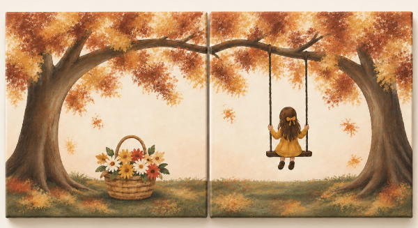 A two-panel canvas wall art print depicting a whimsical autumn scene with a young girl sitting on a swing under a large tree, alongside a basket of flowers on the ground.