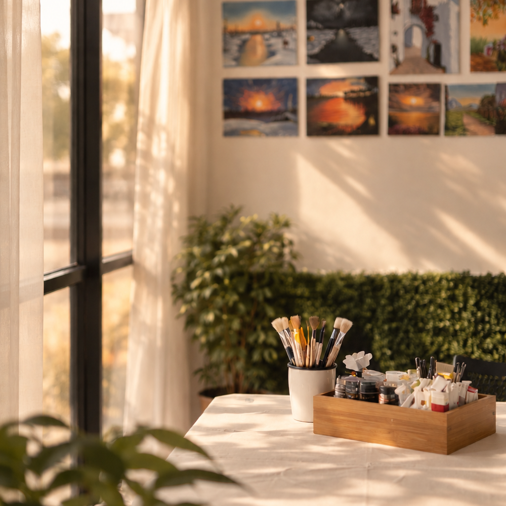 A styled interior corner with warm sunlight streaming through a window, a white table draped with a cloth, and a wooden tray holding paintbrushes and small art supplies. A green hedge and several framed landscape paintings hang on the wall behind.